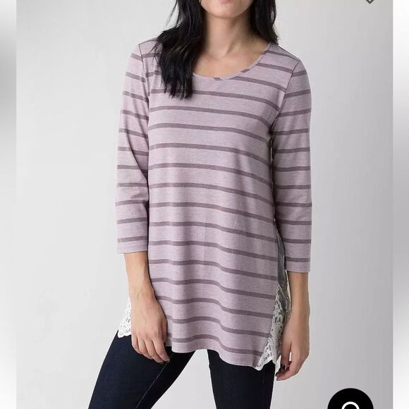 Red by BKE Purple Stripes Long Sleeve Tunic Top with Lace Side Details Sz. Small - Picture 1 of 10